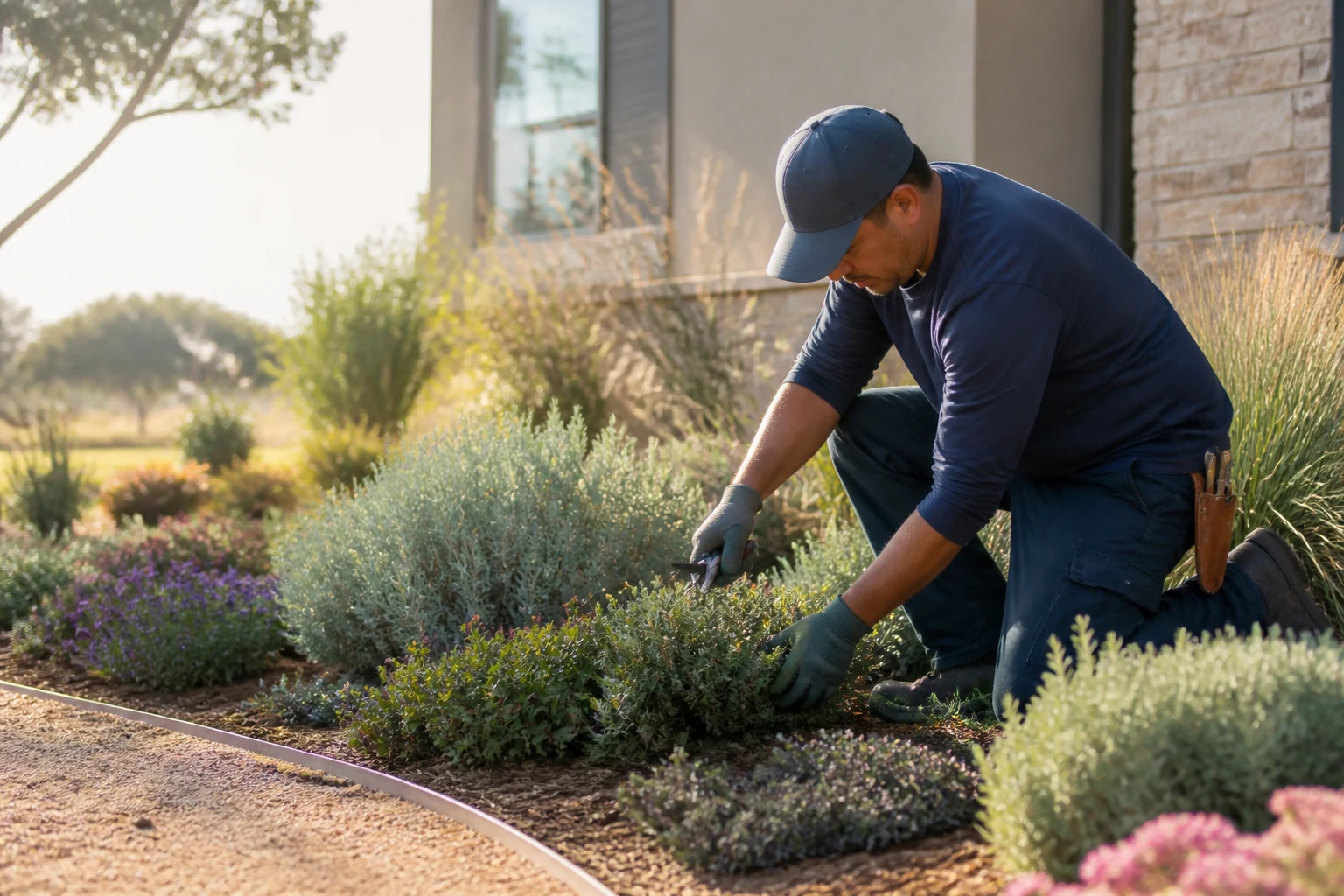 Gardener carefully pruning a drought-tolerant residential garden bed