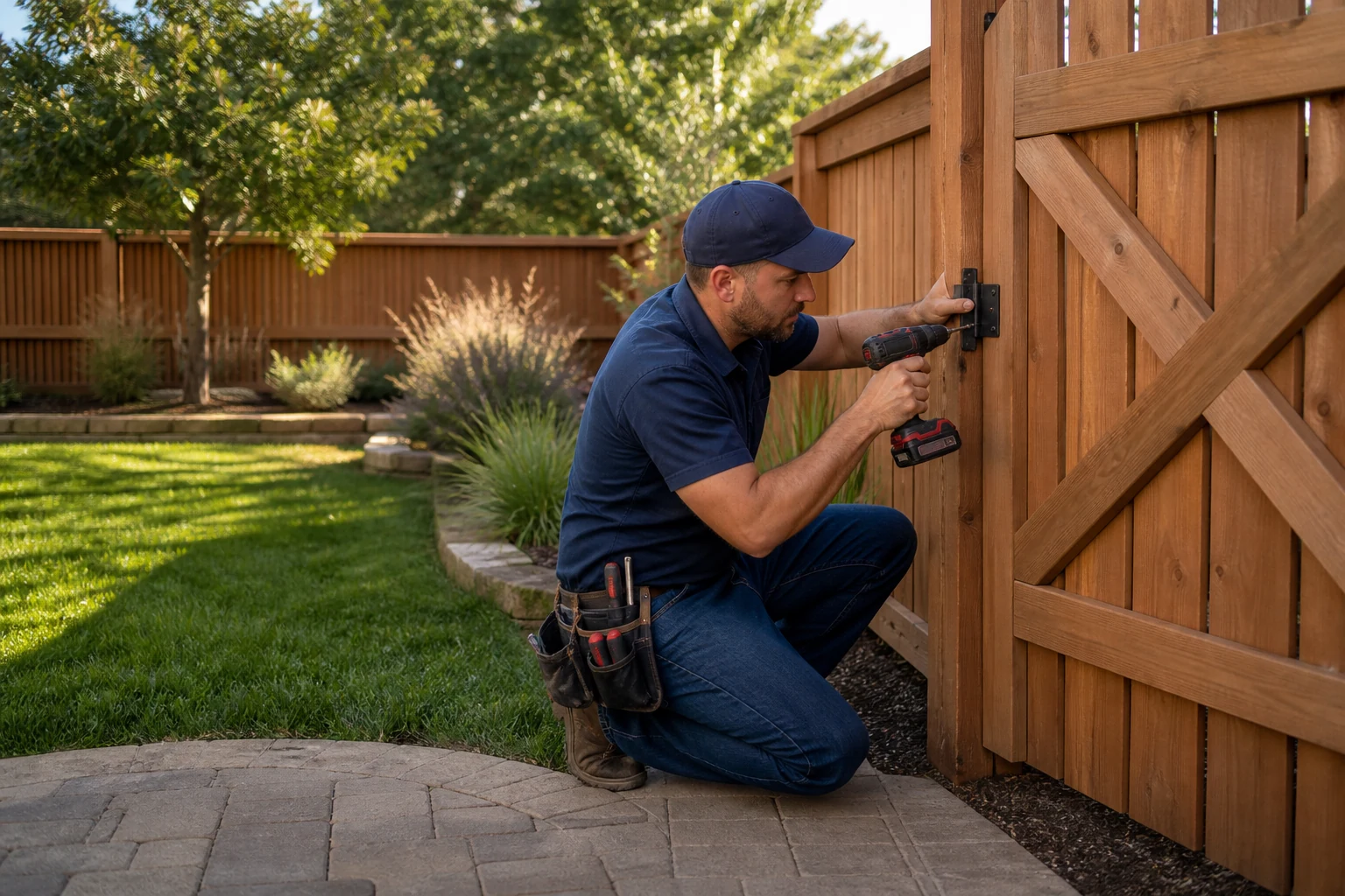 Handyman repairing a wooden backyard fence gate