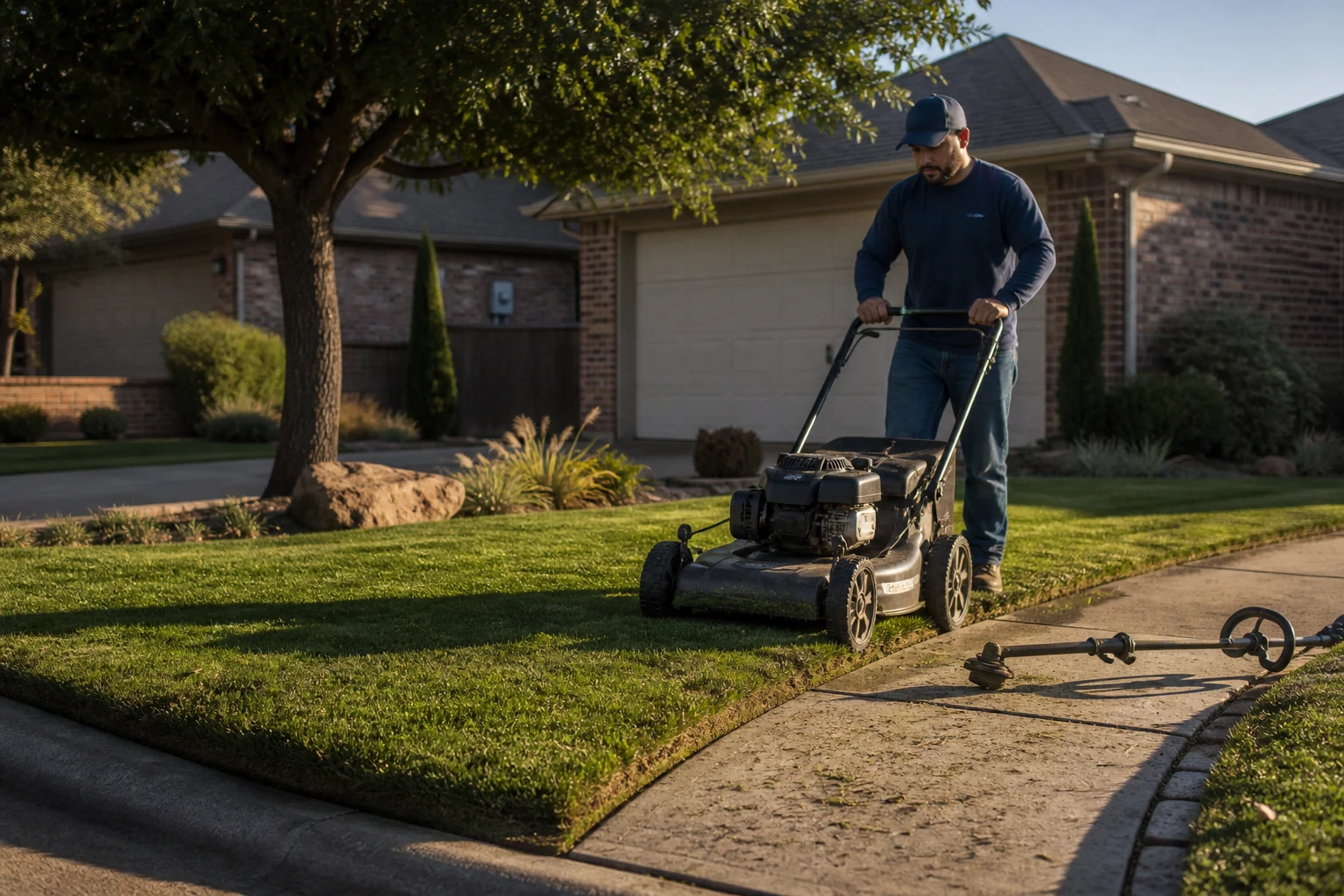 Lawn care professional mowing a neatly edged residential lawn
