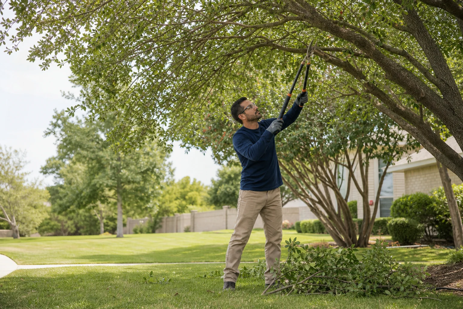 Property care professional safely trimming a small tree from ground level